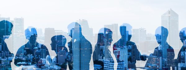 Double exposure of group of businessperson and cityscape. Double exposure of group of businessperson and cityscape.
