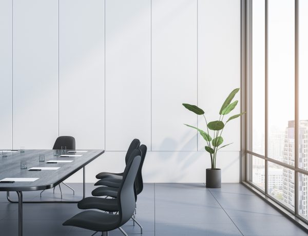 Modern conference room with a large table, chairs and a plant, with a city background through floor-to-ceiling windows, concept of a business meeting space. 3D Rendering Modern conference room with a large table, chairs and a plant, with a city background through floor-to-ceiling windows, concept of a business meeting space. 3D Rendering